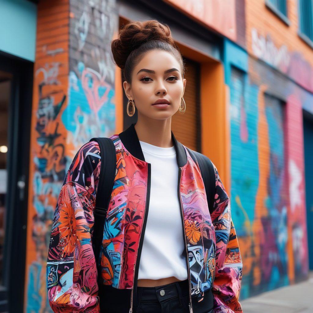 A fashionable young person standing confidently on a bustling urban street, showcasing a vibrant, flawless complexion and stylish streetwear. They are surrounded by subtle elements of skincare products like serums and masks blending into the background graffiti. The scene should exude a sense of elegance and modern chic. super-realistic. vibrant colors. urban setting.
