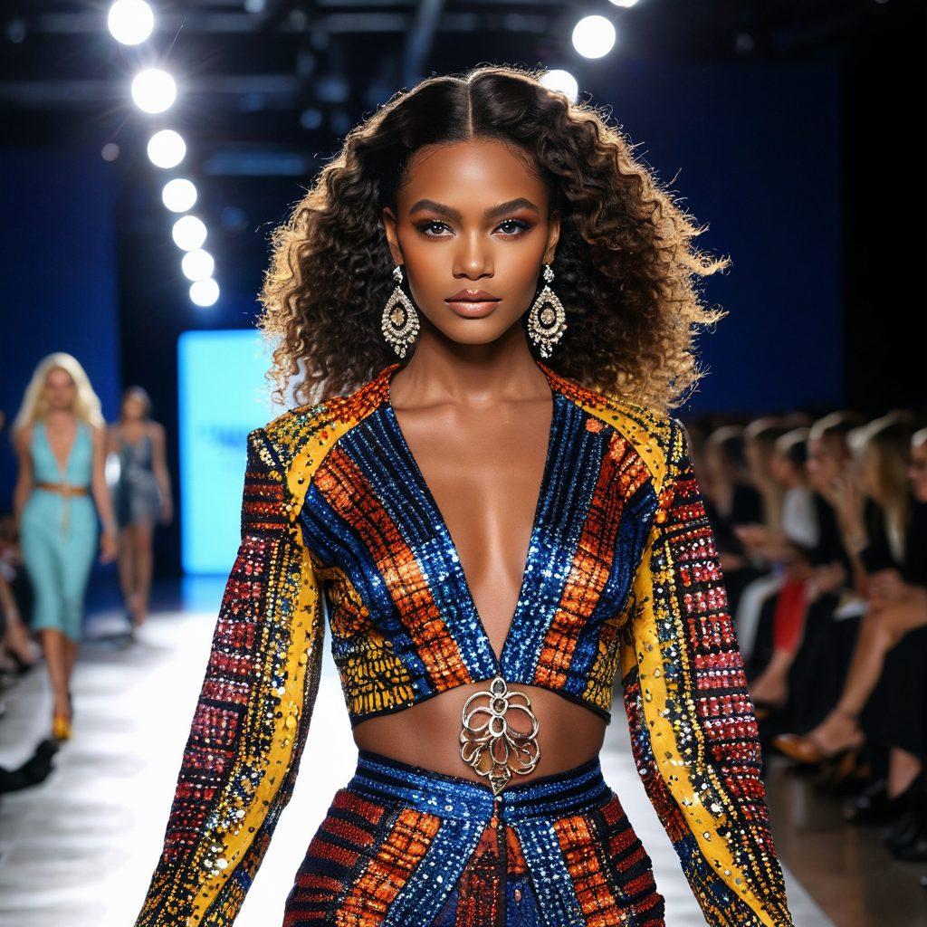 A confident woman dressed in the latest fashion trends, showcasing vibrant and chic outfits with glam accessories. Her makeup is flawlessly done, emphasizing glowing skin, bold eye shadows, and perfectly styled hair. The background features a runway with flashing cameras. super-realistic. vibrant colors. modern style.